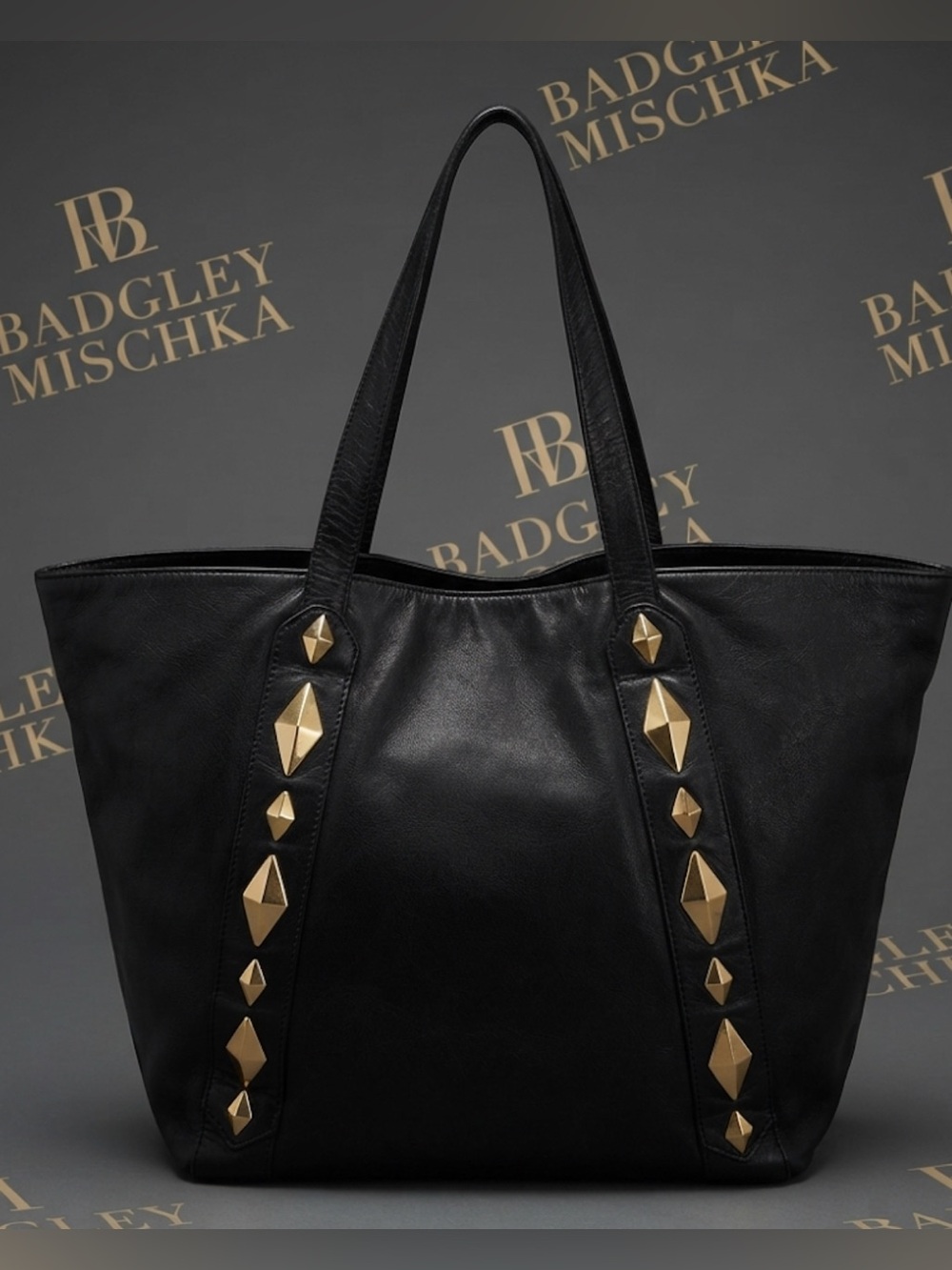 Authentic Badgley Mischka designer studded black leather handbag purse